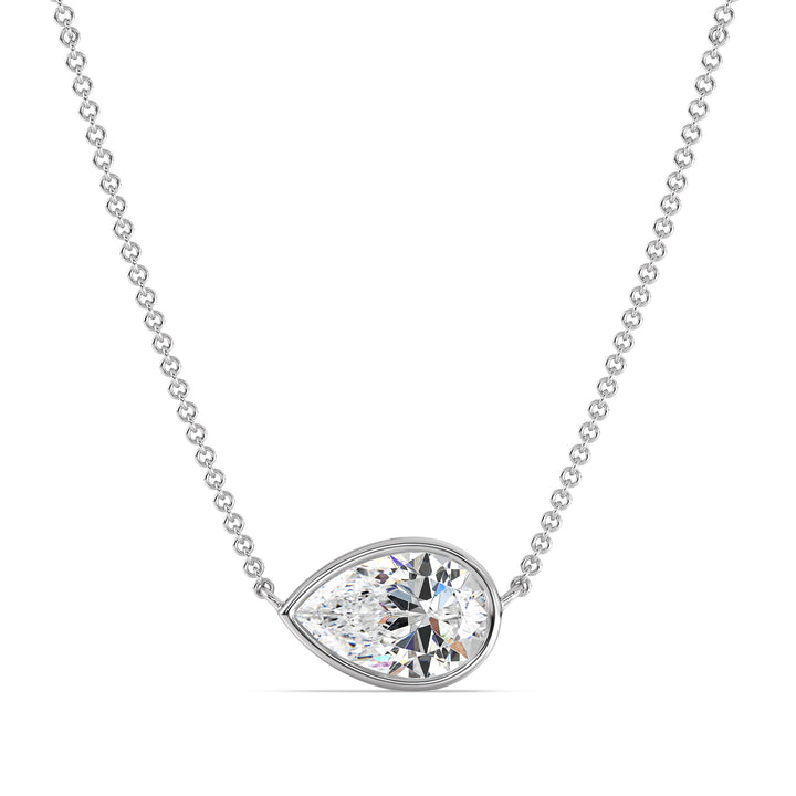 2 Carat Pear-Cut Lab-Grown Diamond Bezel-Set Solitaire Pendant Necklace in 18K White Gold with a classic, luminous design and a brilliant teardrop-shaped diamond