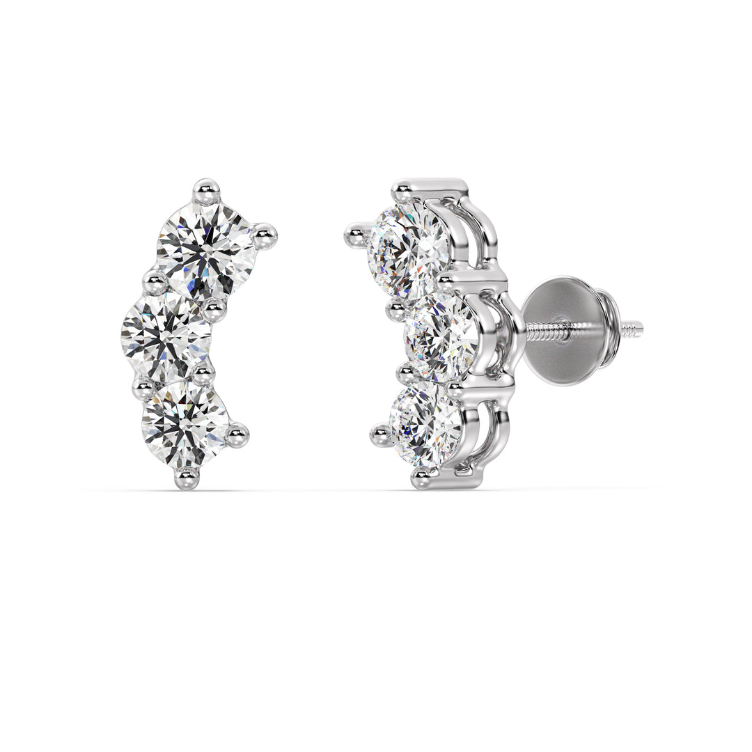 Stunning 18K White Gold Curved Three-Stone Stud Earrings with 0.76 Ct EF/VS round lab-grown diamonds, highlighting a sleek and sophisticated look