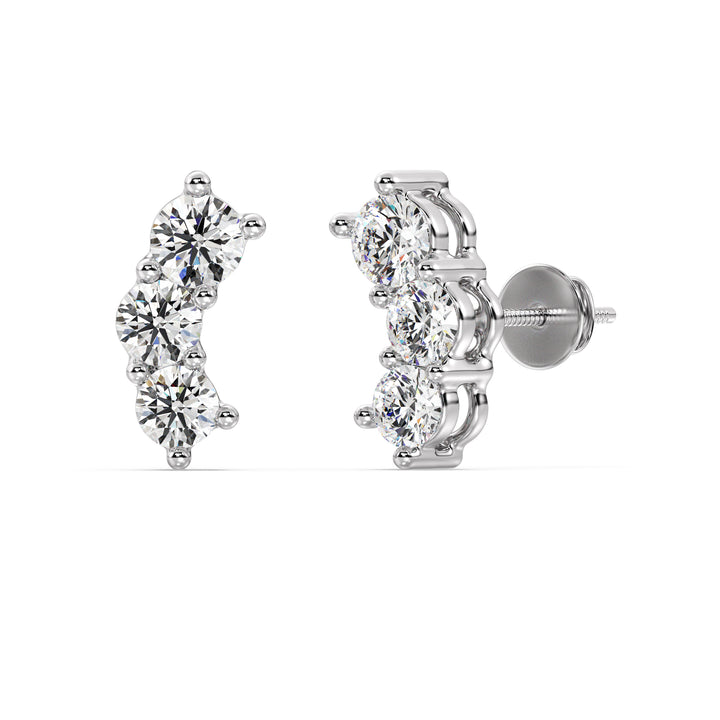 Stunning 18K White Gold Curved Three-Stone Stud Earrings with 0.76 Ct EF/VS round lab-grown diamonds, highlighting a sleek and sophisticated look
