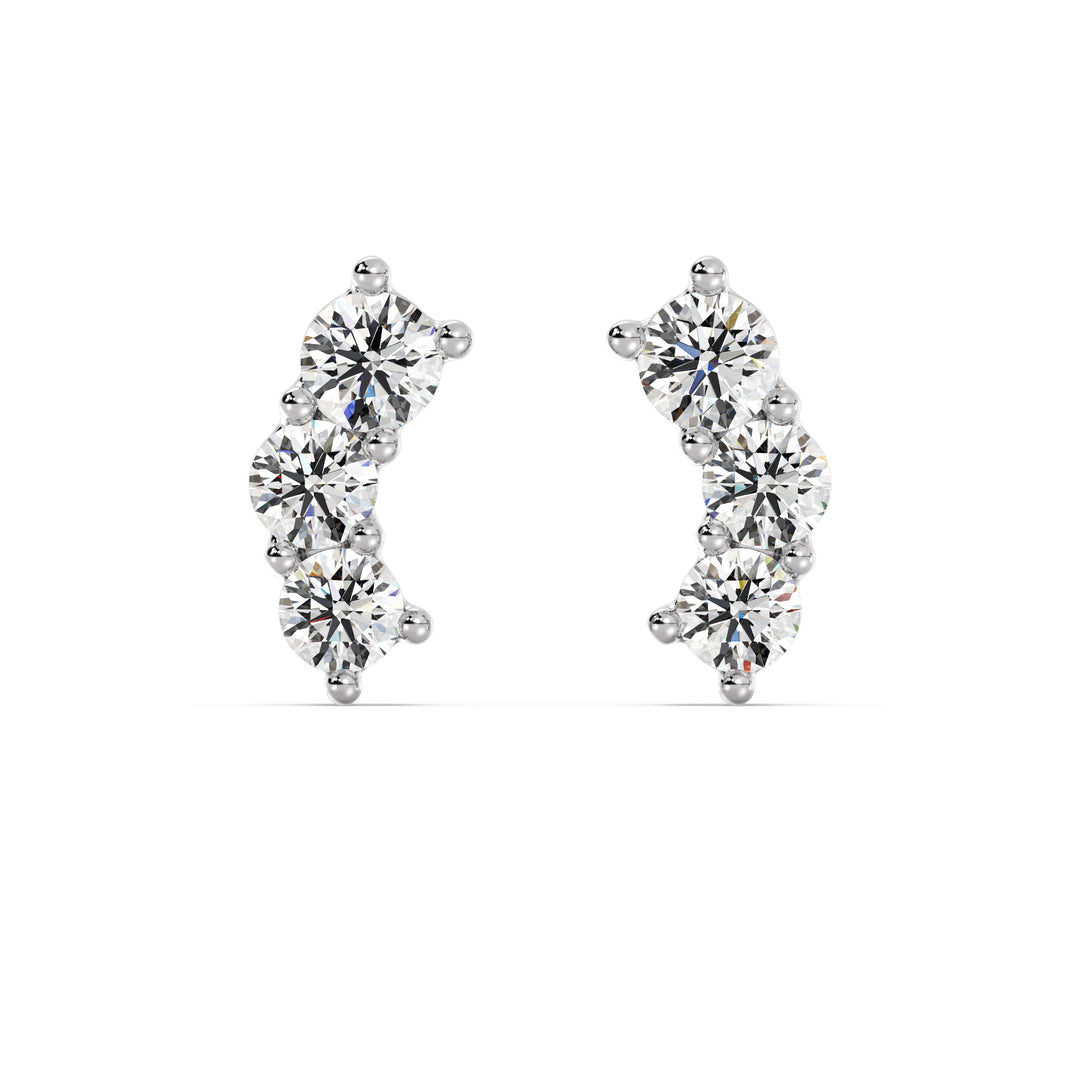 Stunning 18K White Gold Curved Three-Stone Stud Earrings with 0.76 Ct EF/VS round lab-grown diamonds, highlighting a sleek and sophisticated look