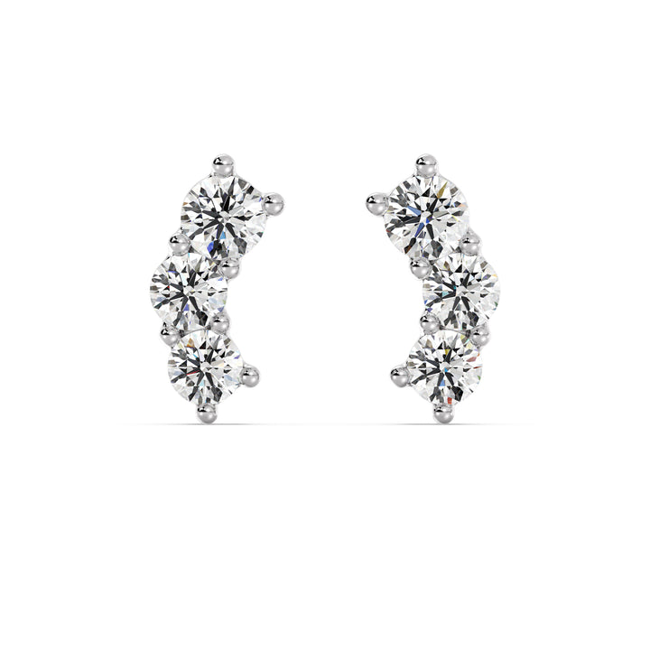 Stunning 18K White Gold Curved Three-Stone Stud Earrings with 0.76 Ct EF/VS round lab-grown diamonds, highlighting a sleek and sophisticated look