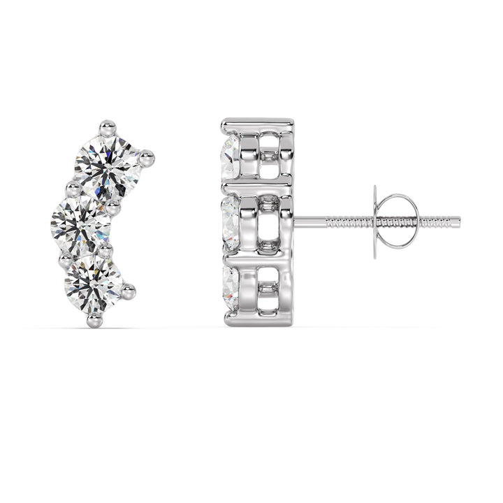Stunning 18K White Gold Curved Three-Stone Stud Earrings with 0.76 Ct EF/VS round lab-grown diamonds, highlighting a sleek and sophisticated look