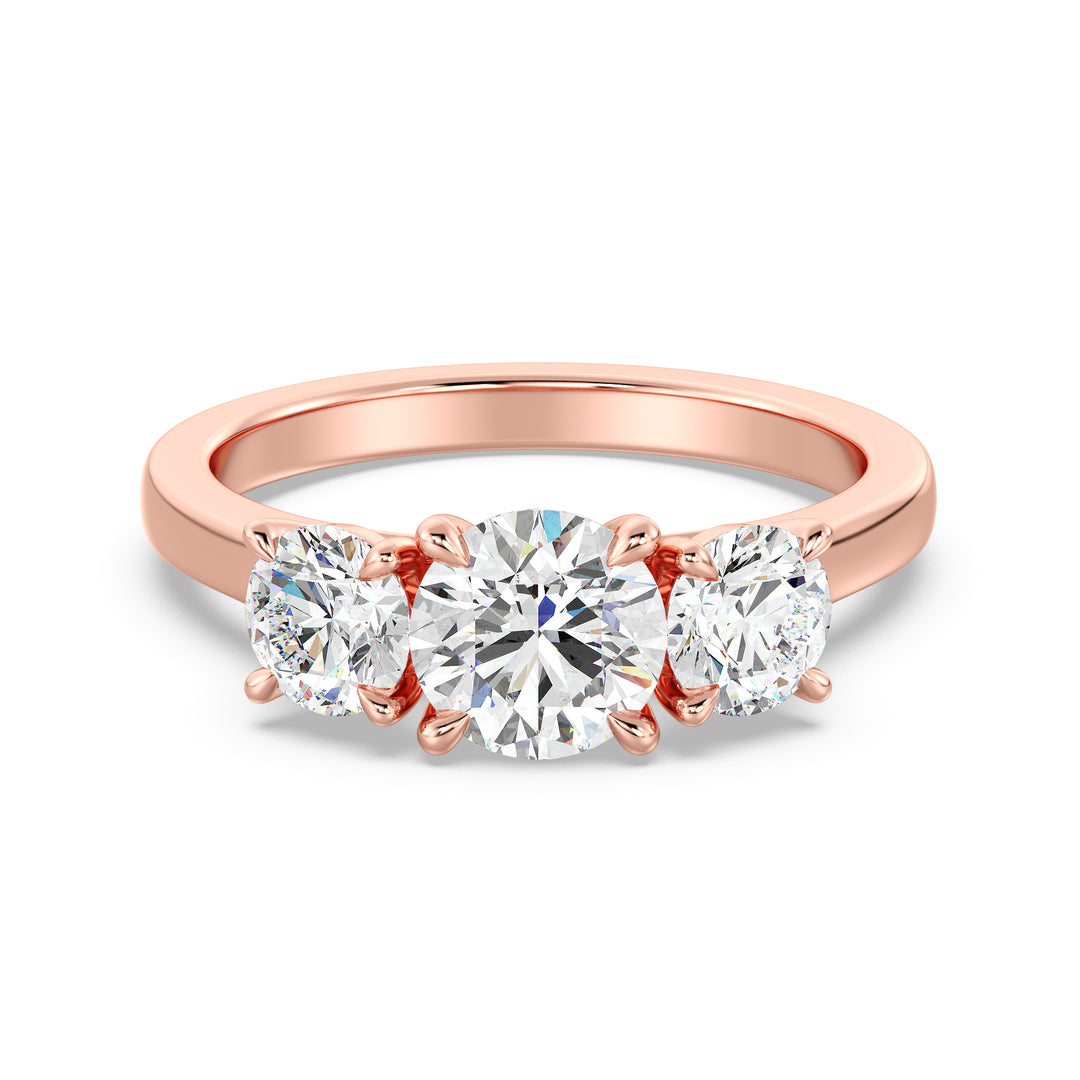 Three-Stone Round-Cut Lab-Grown Diamond Engagement Ring in 18K Rose Gold with Claw Prong Setting, showcasing a 1-carat center diamond and 0.50-carat side diamonds.