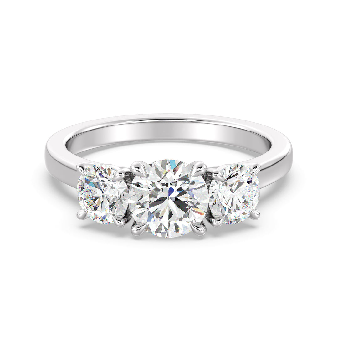 Three-Stone Round-Cut Lab-Grown Diamond Engagement Ring in 18K White Gold with Claw Prong Setting, highlighting a 1-carat center diamond and 0.50-carat side diamonds.