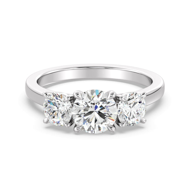 Three-Stone Round-Cut Lab-Grown Diamond Engagement Ring in 18K White Gold with Claw Prong Setting, highlighting a 1-carat center diamond and 0.50-carat side diamonds.