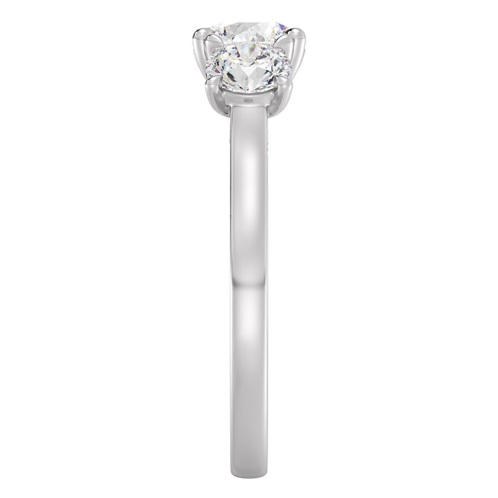 Three-Stone Round-Cut Lab-Grown Diamond Engagement Ring in 18K White Gold with Claw Prong Setting, highlighting a 1-carat center diamond and 0.50-carat side diamonds.