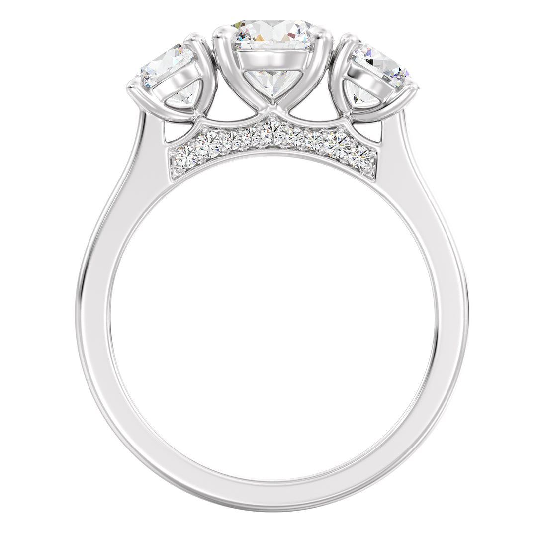 Three-Stone Round-Cut Lab-Grown Diamond Engagement Ring in 18K White Gold with Claw Prong Setting, highlighting a 1-carat center diamond and 0.50-carat side diamonds.