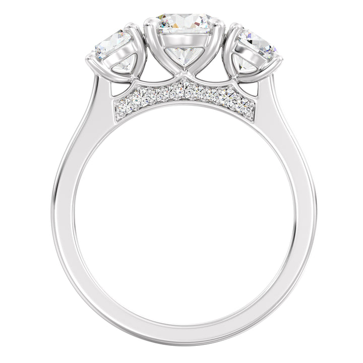 Three-Stone Round-Cut Lab-Grown Diamond Engagement Ring in 18K White Gold with Claw Prong Setting, highlighting a 1-carat center diamond and 0.50-carat side diamonds.