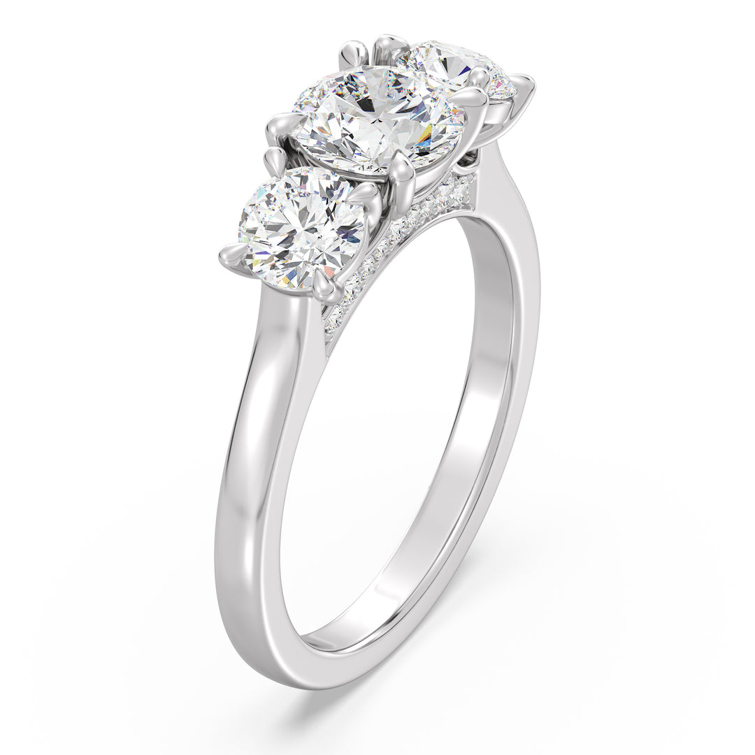 Three-Stone Round-Cut Lab-Grown Diamond Engagement Ring in 18K White Gold with Claw Prong Setting, highlighting a 1-carat center diamond and 0.50-carat side diamonds.