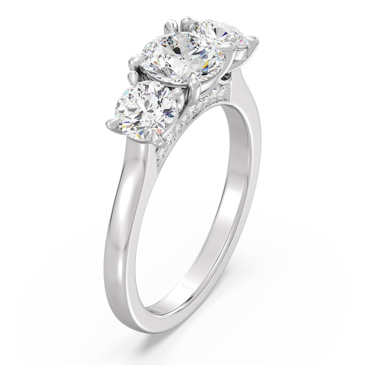 Three-Stone Round-Cut Lab-Grown Diamond Engagement Ring in 18K White Gold with Claw Prong Setting, highlighting a 1-carat center diamond and 0.50-carat side diamonds.