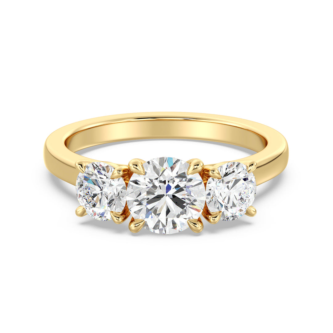 Three-Stone Round-Cut Lab-Grown Diamond Engagement Ring in 18K Yellow Gold with Claw Prong Setting, featuring a 1-carat center diamond and 0.50-carat side diamonds
