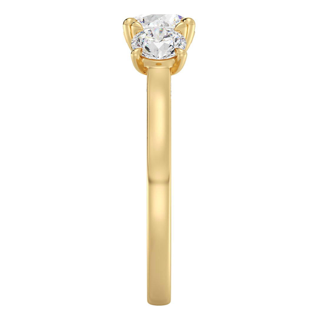 Three-Stone Round-Cut Lab-Grown Diamond Engagement Ring in 18K Yellow Gold with Claw Prong Setting, featuring a 1-carat center diamond and 0.50-carat side diamonds