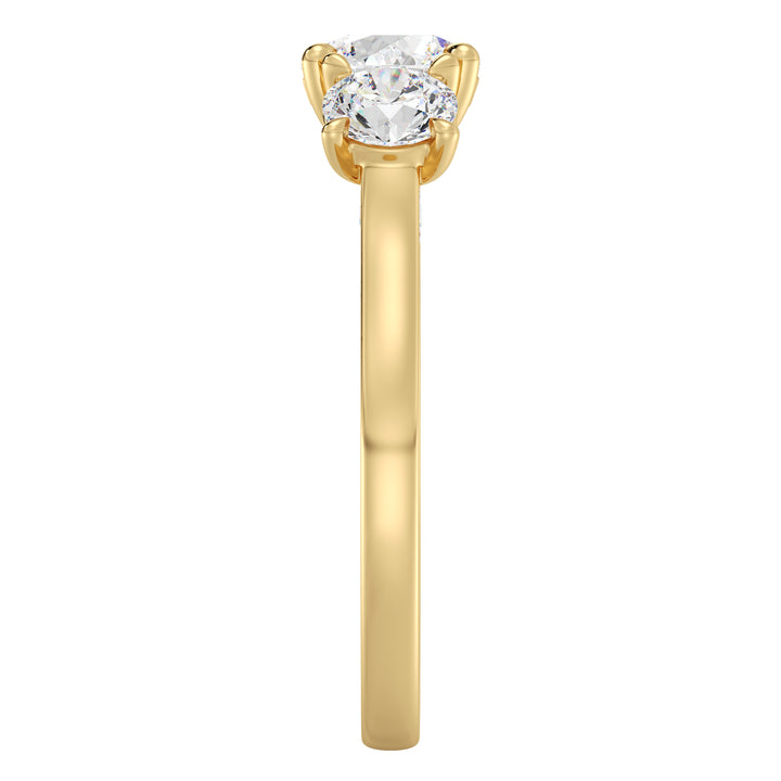 Three-Stone Round-Cut Lab-Grown Diamond Engagement Ring in 18K Yellow Gold with Claw Prong Setting, featuring a 1-carat center diamond and 0.50-carat side diamonds