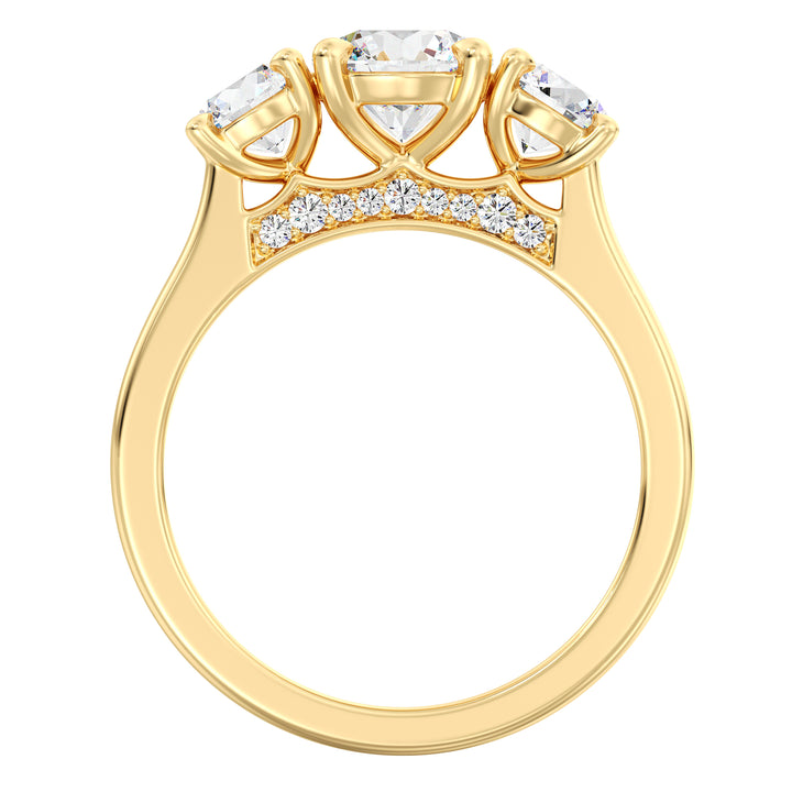 Three-Stone Round-Cut Lab-Grown Diamond Engagement Ring in 18K Yellow Gold with Claw Prong Setting, featuring a 1-carat center diamond and 0.50-carat side diamonds