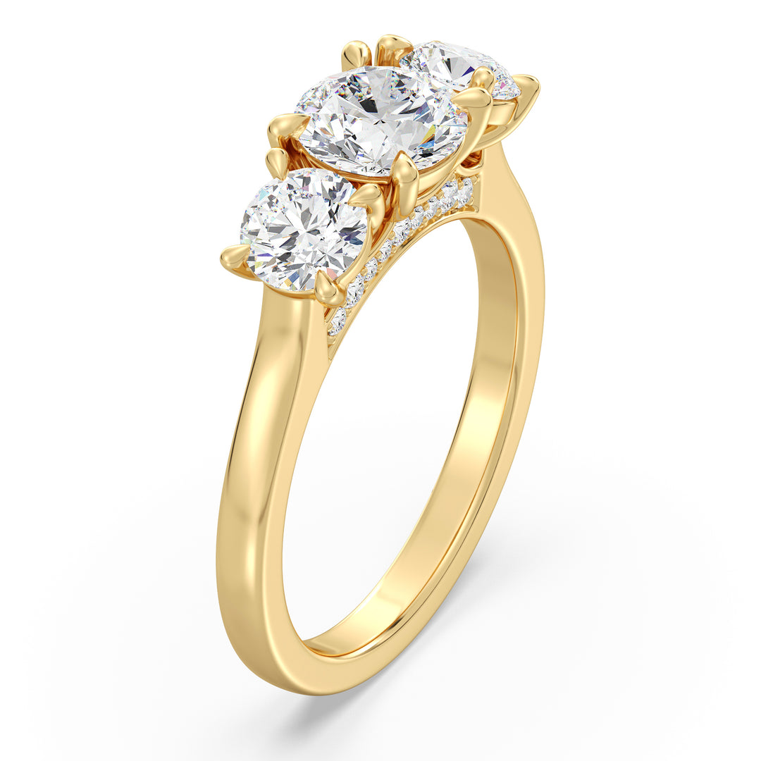 Three-Stone Round-Cut Lab-Grown Diamond Engagement Ring in 18K Yellow Gold with Claw Prong Setting, featuring a 1-carat center diamond and 0.50-carat side diamonds