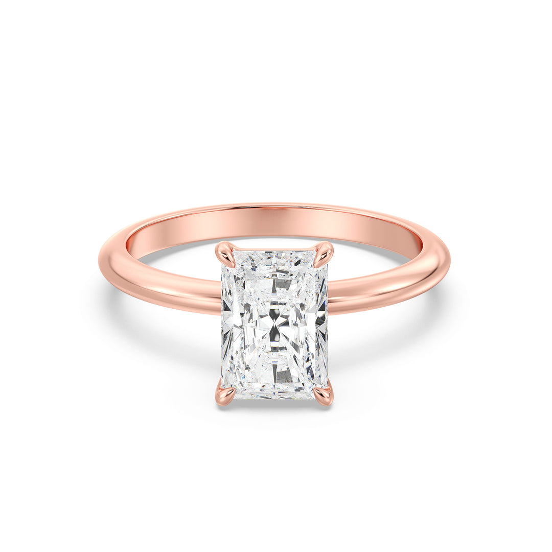 Radiant-cut lab-grown diamond solitaire engagement ring in 18K rose gold, showcasing a timeless 4-claw prong setting with a dazzling center diamond