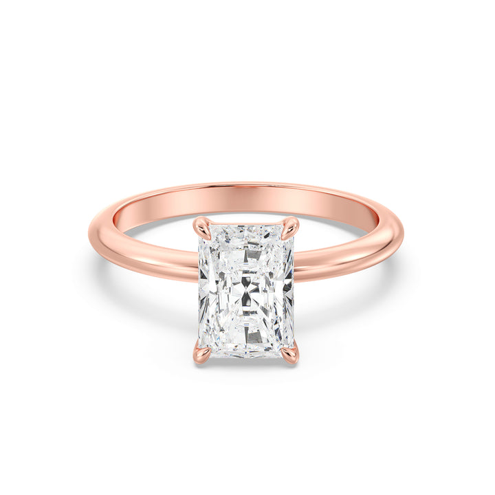 Radiant-cut lab-grown diamond solitaire engagement ring in 18K rose gold, showcasing a timeless 4-claw prong setting with a dazzling center diamond