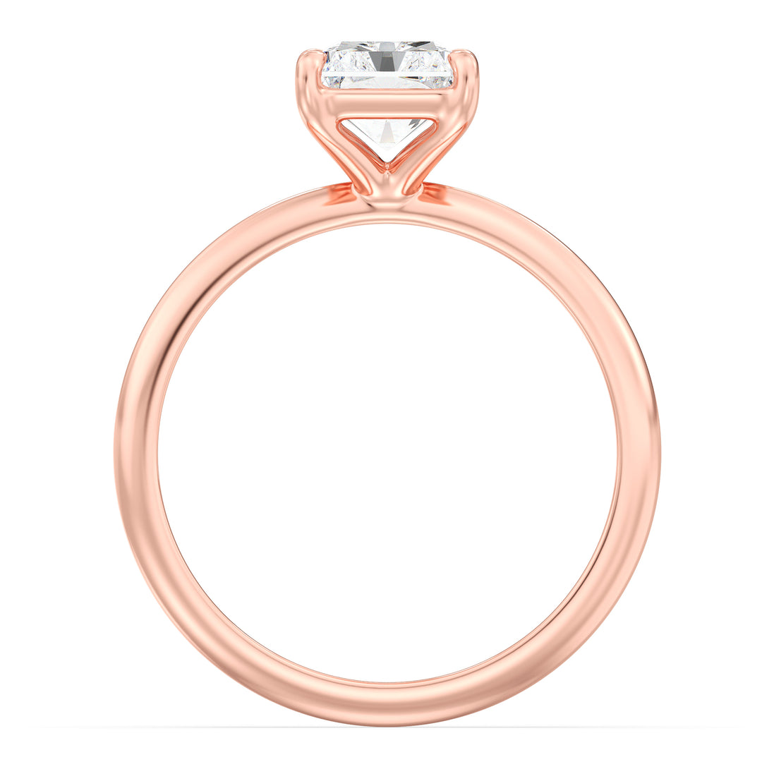 Radiant-cut lab-grown diamond solitaire engagement ring in 18K rose gold, showcasing a timeless 4-claw prong setting with a dazzling center diamond