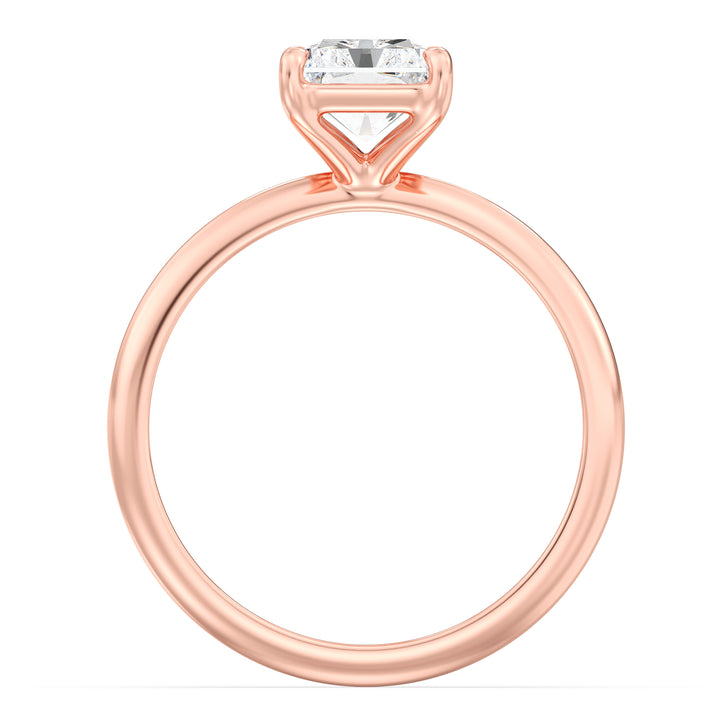 Radiant-cut lab-grown diamond solitaire engagement ring in 18K rose gold, showcasing a timeless 4-claw prong setting with a dazzling center diamond
