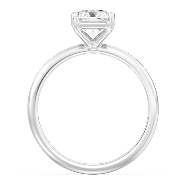 Radiant-cut lab-grown diamond solitaire engagement ring in 18K white gold, elegantly crafted with a classic 4-claw prong setting and a brilliant center diamond