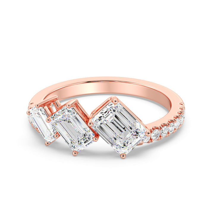 Triple Emerald-Cut Lab-Grown Diamond Wedding Ring in 18K Rose Gold with three emerald-cut diamonds and pavé-set round diamonds, exuding romantic sophistication.