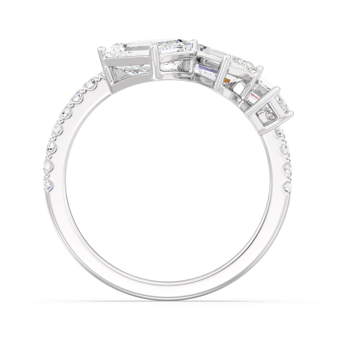 Triple Emerald-Cut Lab-Grown Diamond Wedding Ring in 18K White Gold showcasing three emerald-cut diamonds and pavé-set round diamonds for a sleek, modern look.