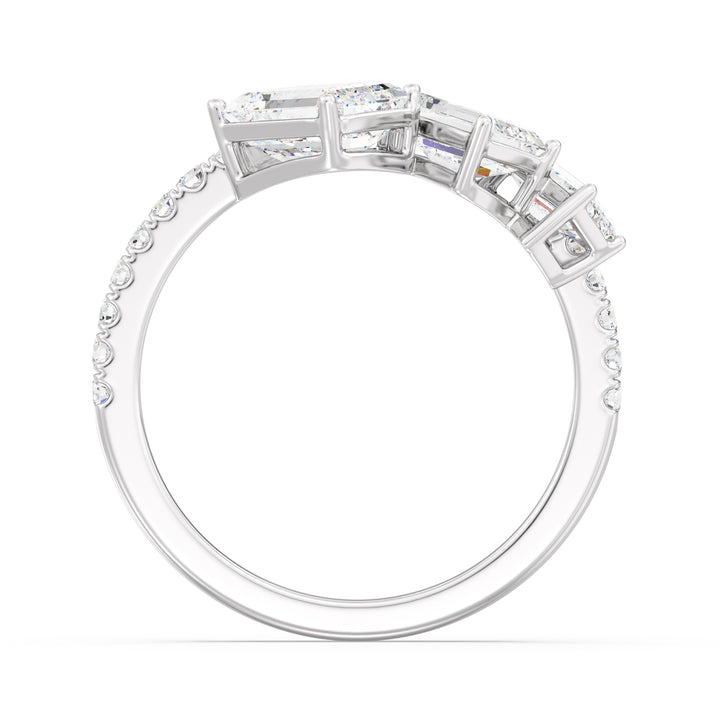 Triple Emerald-Cut Lab-Grown Diamond Wedding Ring in 18K White Gold showcasing three emerald-cut diamonds and pavé-set round diamonds for a sleek, modern look.