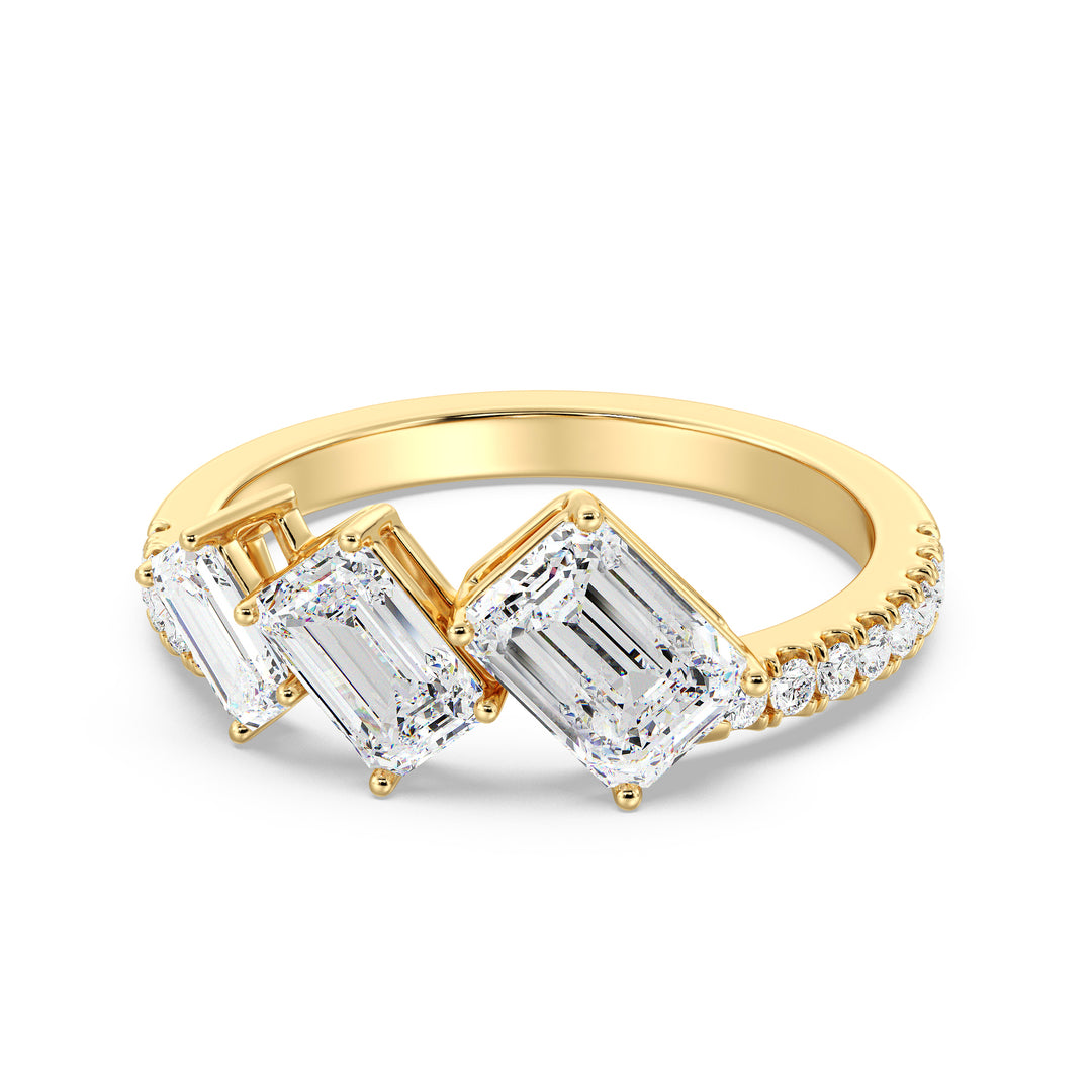 Triple Emerald-Cut Lab-Grown Diamond Wedding Ring in 18K Yellow Gold featuring three emerald-cut diamonds and pavé-set round diamonds for timeless elegance.
