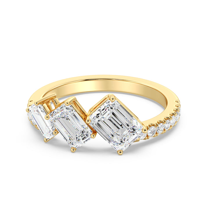 Triple Emerald-Cut Lab-Grown Diamond Wedding Ring in 18K Yellow Gold featuring three emerald-cut diamonds and pavé-set round diamonds for timeless elegance.