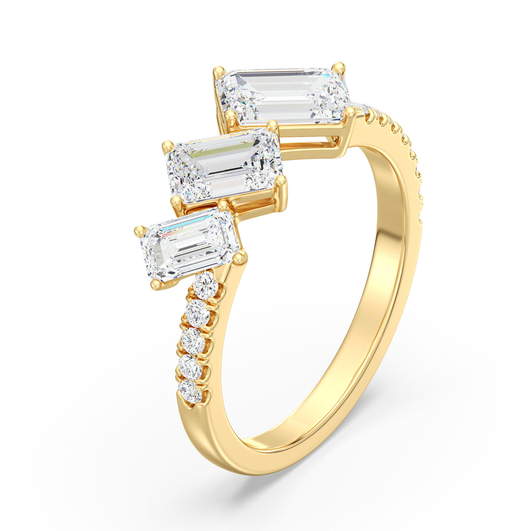 Triple Emerald-Cut Lab-Grown Diamond Wedding Ring in 18K Yellow Gold featuring three emerald-cut diamonds and pavé-set round diamonds for timeless elegance.