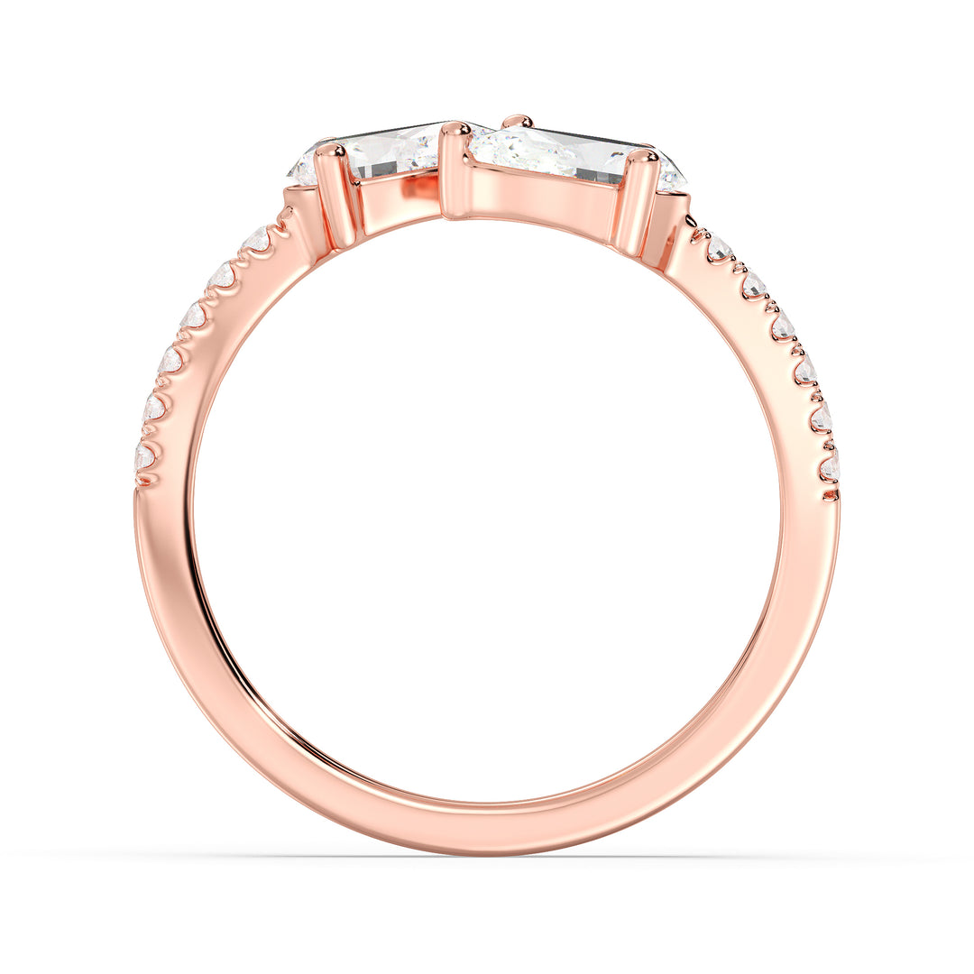 A stunning IGI Certified Pear-Shaped Lab-Grown Diamond Open Cuff Ring in 18K rose gold, showcasing two pear-cut diamonds and round brilliant-cut accent diamonds, blending elegance with modern charm.