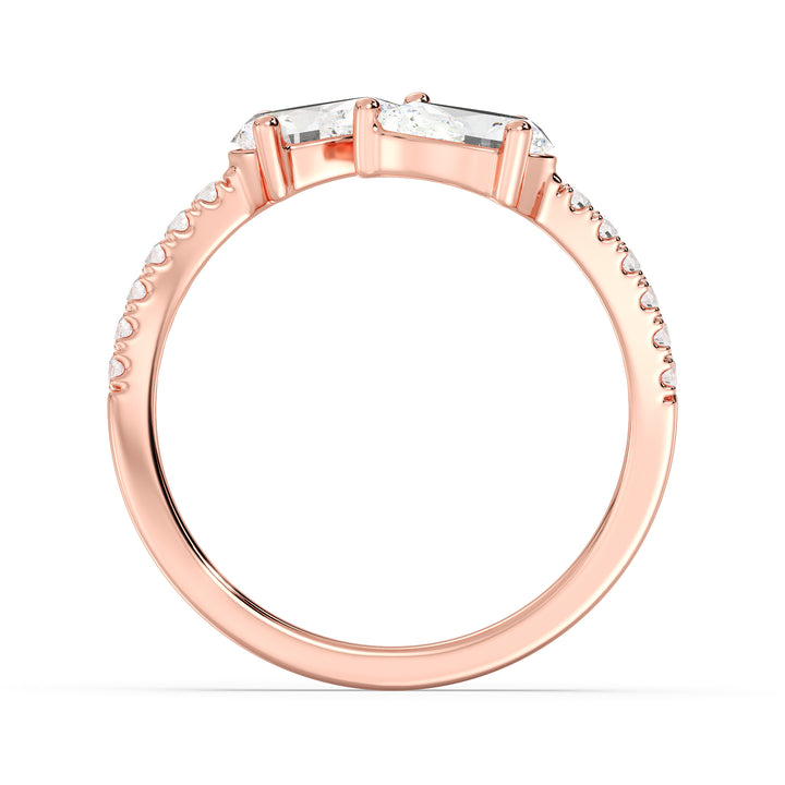 A stunning IGI Certified Pear-Shaped Lab-Grown Diamond Open Cuff Ring in 18K rose gold, showcasing two pear-cut diamonds and round brilliant-cut accent diamonds, blending elegance with modern charm.