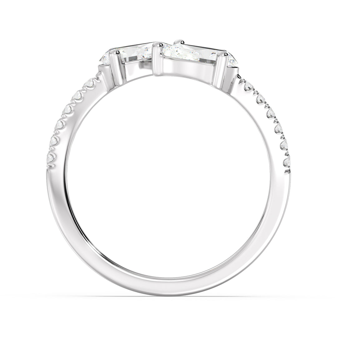 An elegant IGI Certified Pear-Shaped Lab-Grown Diamond Open Cuff Ring in 18K white gold, adorned with two pear-cut diamonds and round brilliant-cut accent diamonds, exuding timeless sophistication and brilliance.