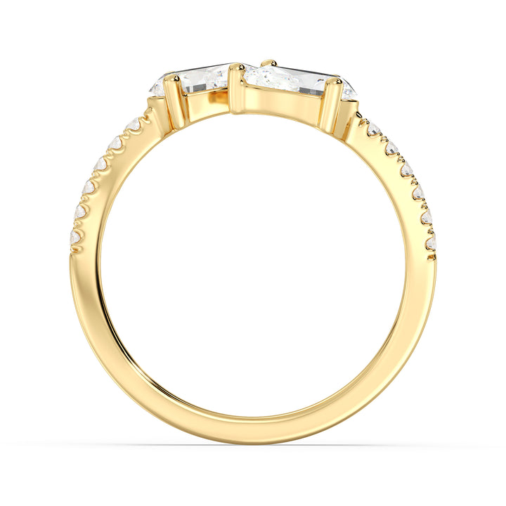 A beautifully crafted IGI Certified Pear-Shaped Lab-Grown Diamond Open Cuff Ring in 18K yellow gold, featuring two pear-cut diamonds and round brilliant-cut accent diamonds for a luxurious and sophisticated look.