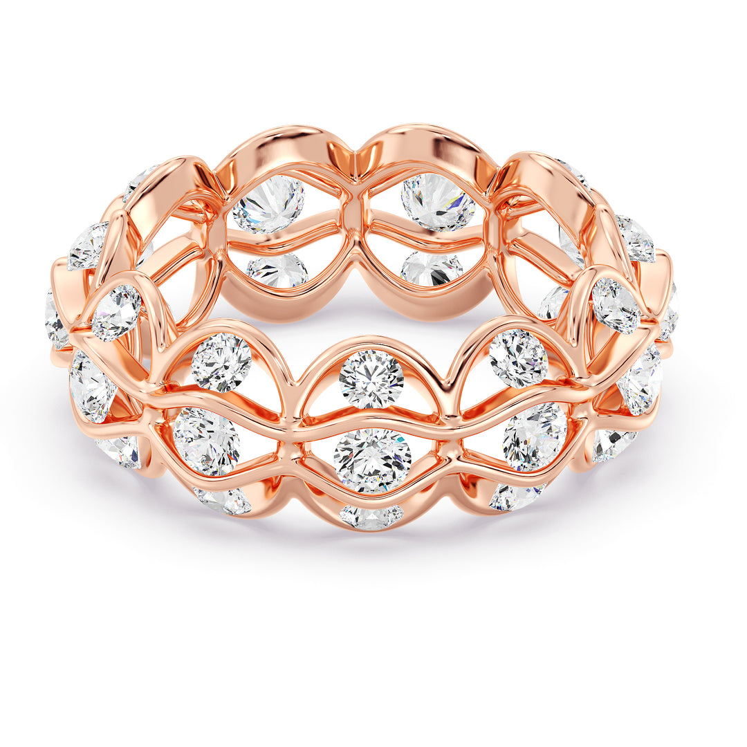 Marquise Wavy Eternity Wedding Band in 18K rose gold, showcasing 33 brilliant round lab-grown diamonds with a total weight of 2.72 carats in an elegant wavy pattern.
