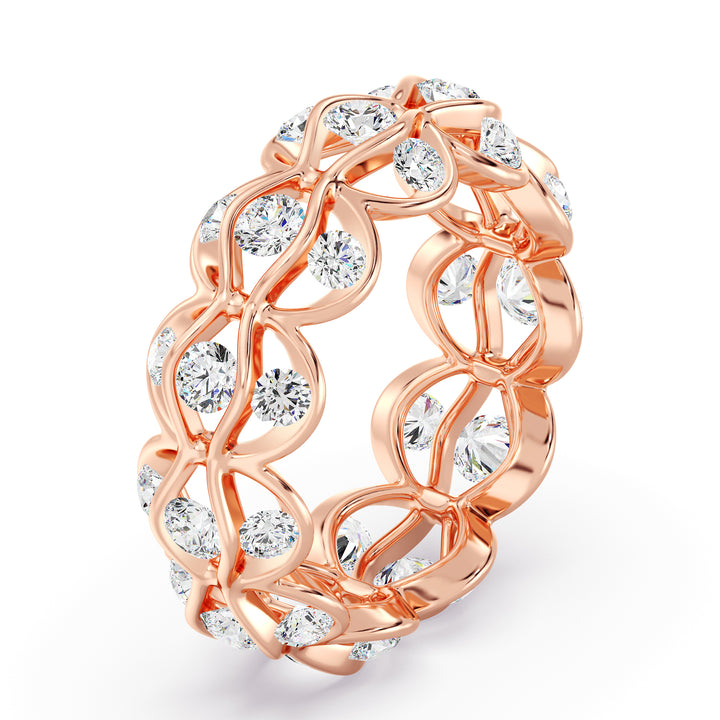 Marquise Wavy Eternity Wedding Band in 18K rose gold, showcasing 33 brilliant round lab-grown diamonds with a total weight of 2.72 carats in an elegant wavy pattern.
