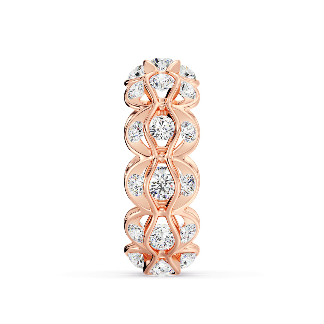 Marquise Wavy Eternity Wedding Band in 18K rose gold, showcasing 33 brilliant round lab-grown diamonds with a total weight of 2.72 carats in an elegant wavy pattern.