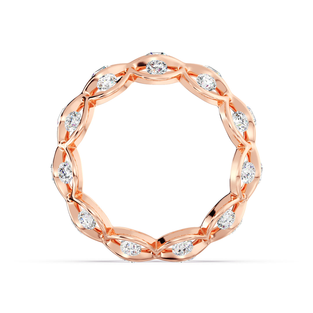 Marquise Wavy Eternity Wedding Band in 18K rose gold, showcasing 33 brilliant round lab-grown diamonds with a total weight of 2.72 carats in an elegant wavy pattern.