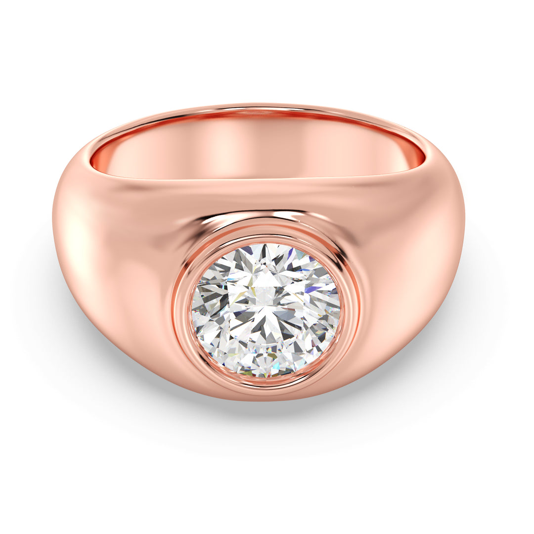 A sophisticated IGI Certified 2ctw Round Lab-Grown Diamond Men's Signet Ring in 18K Rose Gold, showcasing a bezel-set diamond with EF color and VS clarity, paired with the romantic hue of the rose gold band.