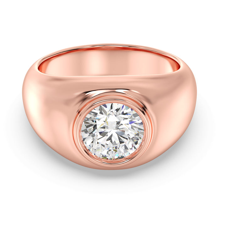 A sophisticated IGI Certified 2ctw Round Lab-Grown Diamond Men's Signet Ring in 18K Rose Gold, showcasing a bezel-set diamond with EF color and VS clarity, paired with the romantic hue of the rose gold band.
