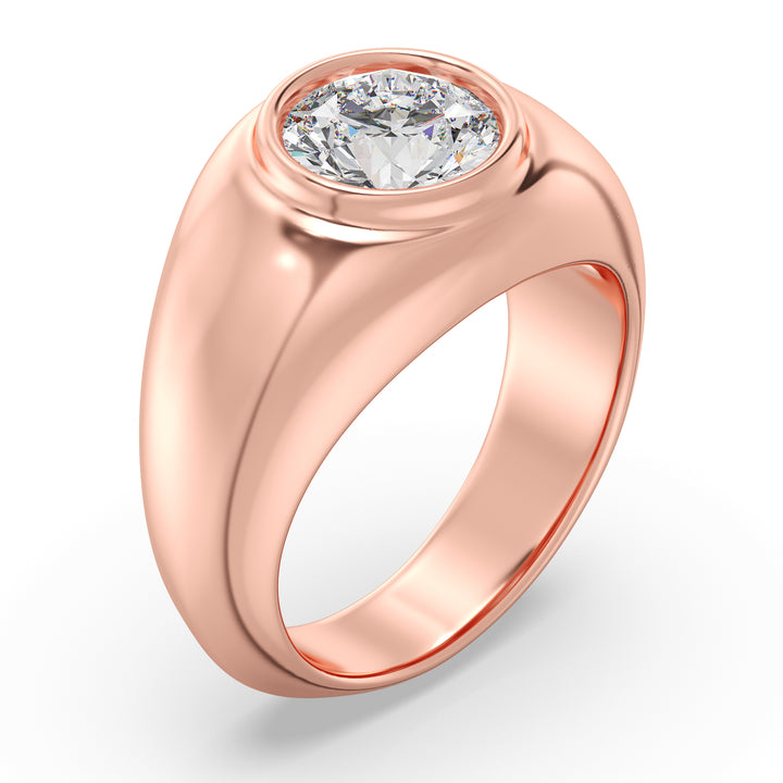 A sophisticated IGI Certified 2ctw Round Lab-Grown Diamond Men's Signet Ring in 18K Rose Gold, showcasing a bezel-set diamond with EF color and VS clarity, paired with the romantic hue of the rose gold band.
