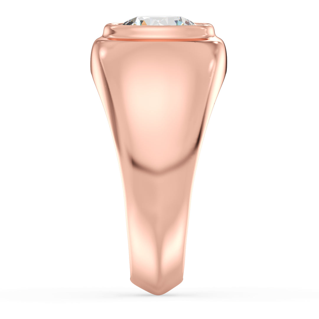 A sophisticated IGI Certified 2ctw Round Lab-Grown Diamond Men's Signet Ring in 18K Rose Gold, showcasing a bezel-set diamond with EF color and VS clarity, paired with the romantic hue of the rose gold band.