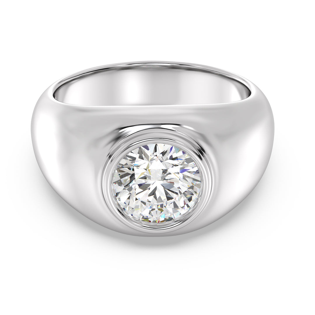 An elegant IGI Certified 2ctw Round Lab-Grown Diamond Men's Signet Ring in 18K White Gold, highlighted by a bezel-set diamond with EF color and VS clarity, and the sleek, modern appeal of the white gold band.