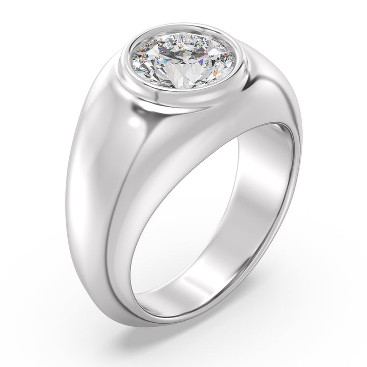 An elegant IGI Certified 2ctw Round Lab-Grown Diamond Men's Signet Ring in 18K White Gold, highlighted by a bezel-set diamond with EF color and VS clarity, and the sleek, modern appeal of the white gold band.