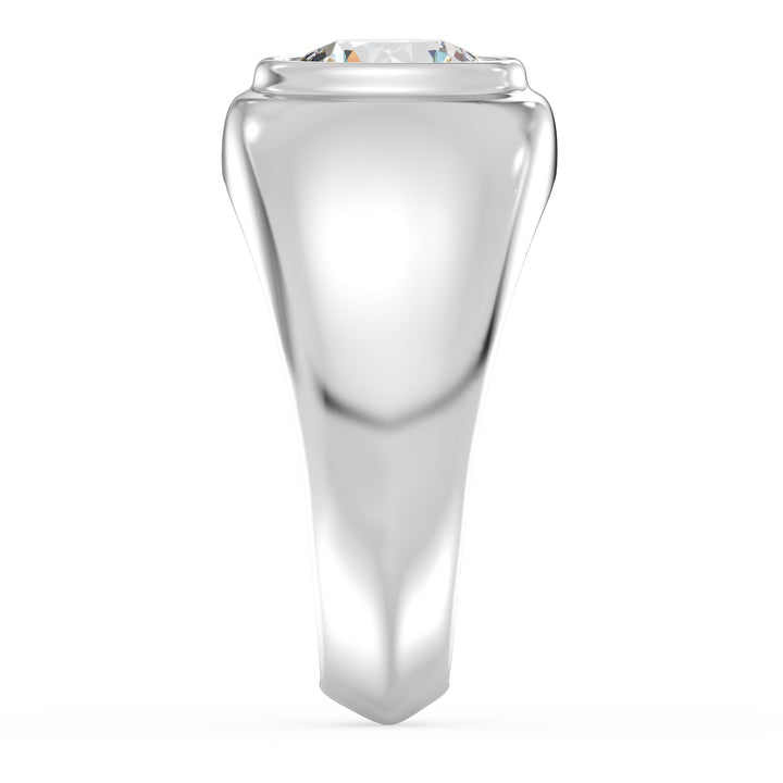 An elegant IGI Certified 2ctw Round Lab-Grown Diamond Men's Signet Ring in 18K White Gold, highlighted by a bezel-set diamond with EF color and VS clarity, and the sleek, modern appeal of the white gold band.
