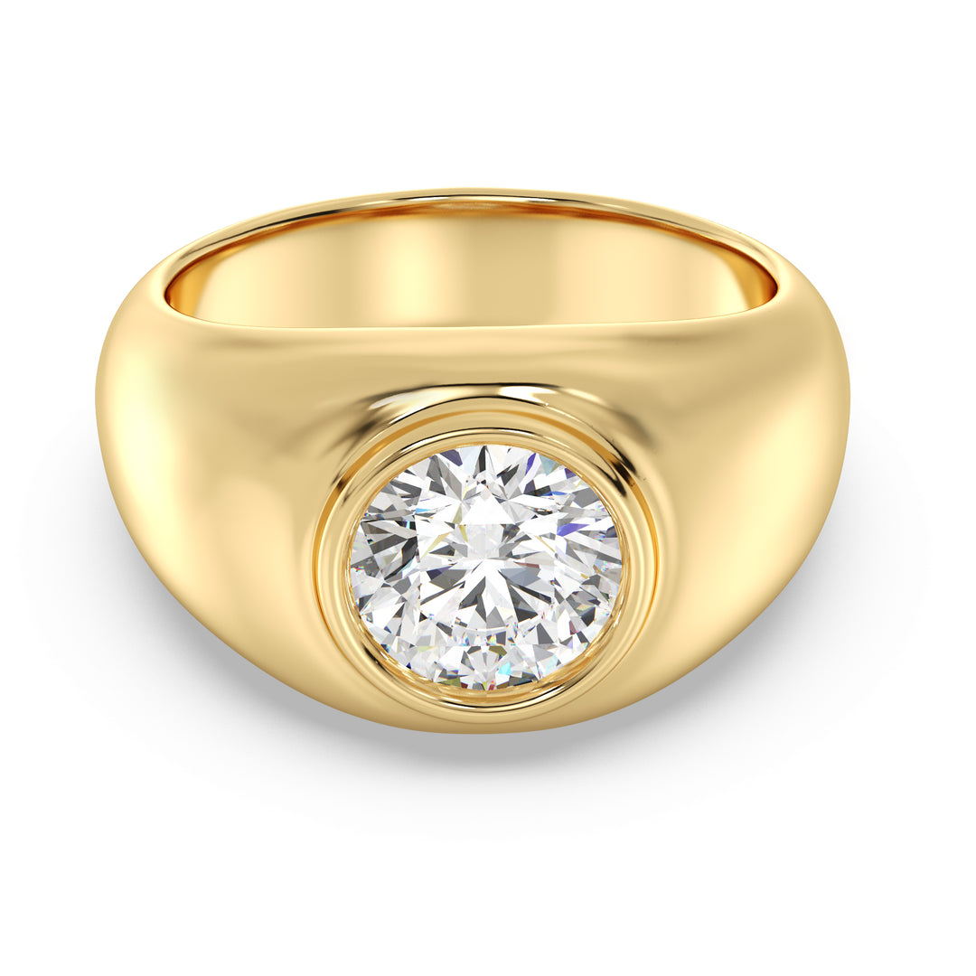 A stunning IGI Certified 2ctw Round Lab-Grown Diamond Men's Signet Ring in 18K Yellow Gold, featuring a bezel-set diamond with EF color and VS clarity, complemented by the warm, rich tone of the yellow gold band.