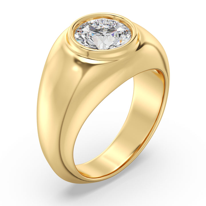 A stunning IGI Certified 2ctw Round Lab-Grown Diamond Men's Signet Ring in 18K Yellow Gold, featuring a bezel-set diamond with EF color and VS clarity, complemented by the warm, rich tone of the yellow gold band.