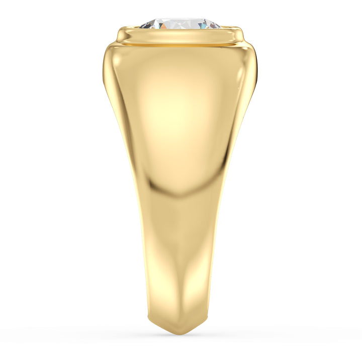 A stunning IGI Certified 2ctw Round Lab-Grown Diamond Men's Signet Ring in 18K Yellow Gold, featuring a bezel-set diamond with EF color and VS clarity, complemented by the warm, rich tone of the yellow gold band.