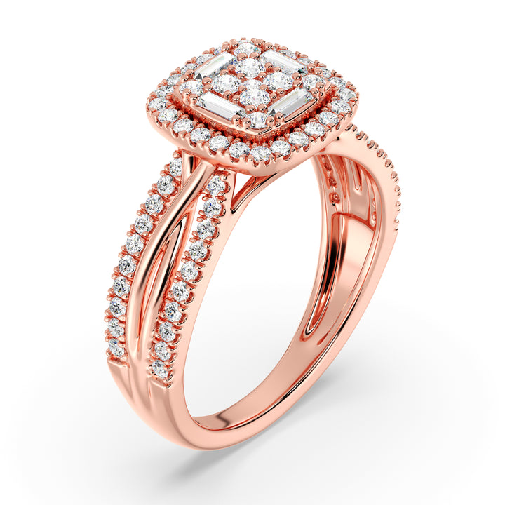 Rose Gold Vintage-Style Halo Engagement Ring with 0.73CT T.W. lab-grown diamonds, designed with a cushion-shaped frame and intricate halo accents in elegant 18K rose gold