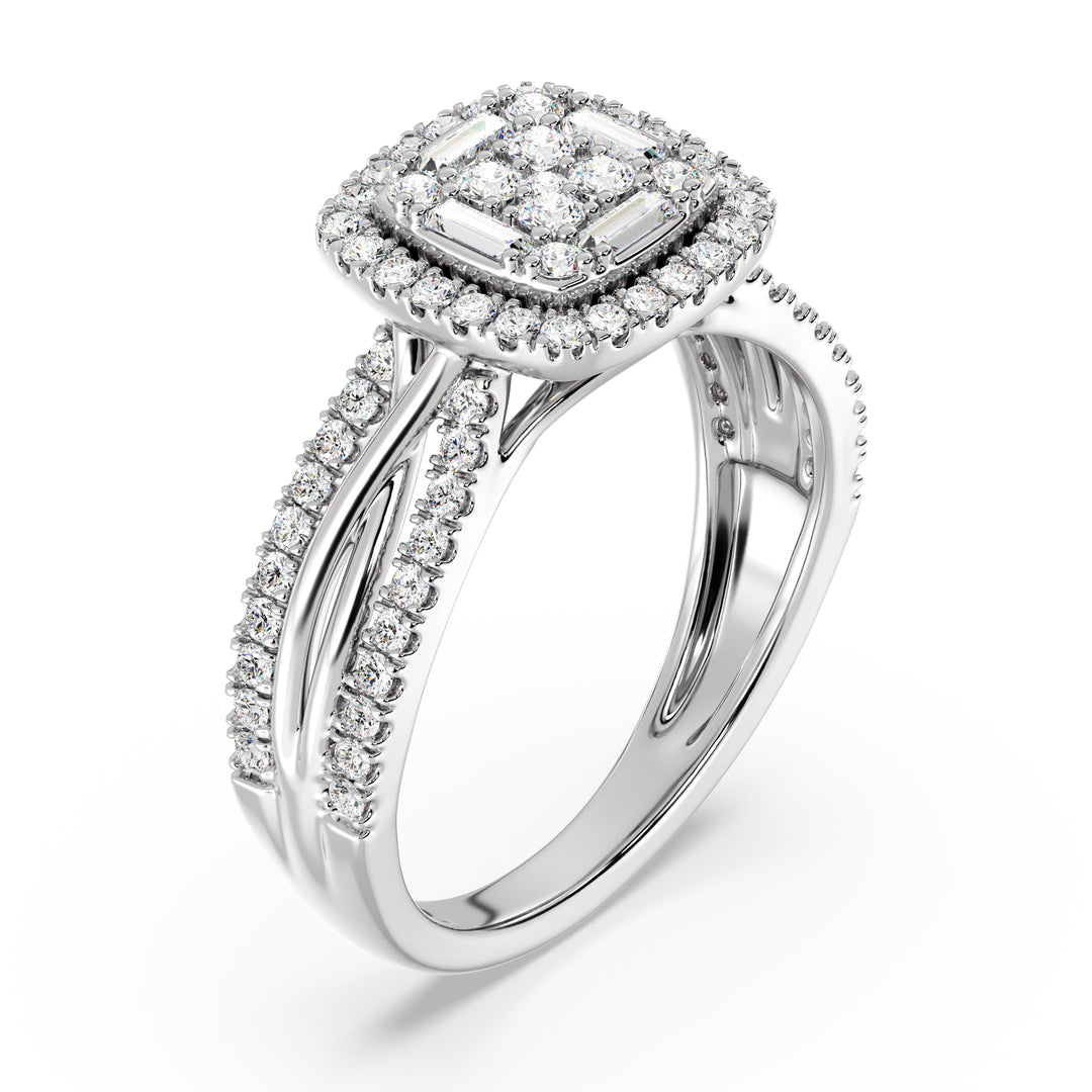 White Gold Vintage-Style Halo Engagement Ring adorned with 0.73CT T.W. lab-grown diamonds, featuring a cushion-shaped frame and delicate halo design in radiant 18K white gold